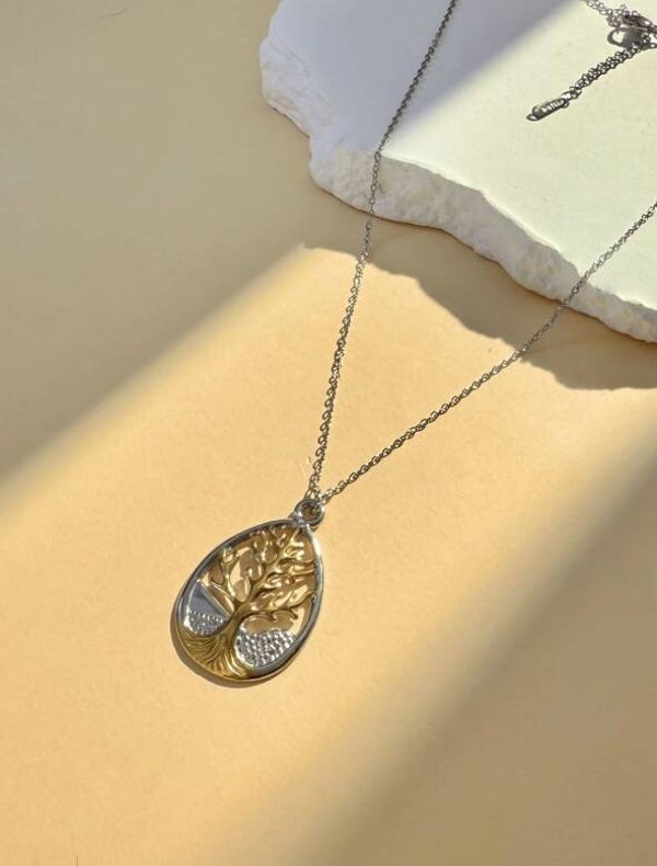 Collier arbre de vie – pendentif ovale bicolore