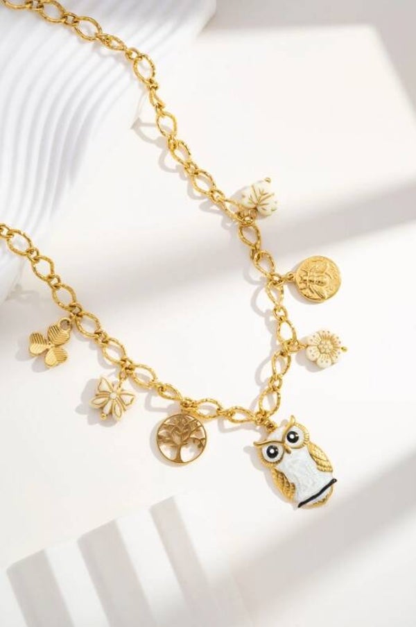 Collier charms nature chouette arbre papillon fleur abeille