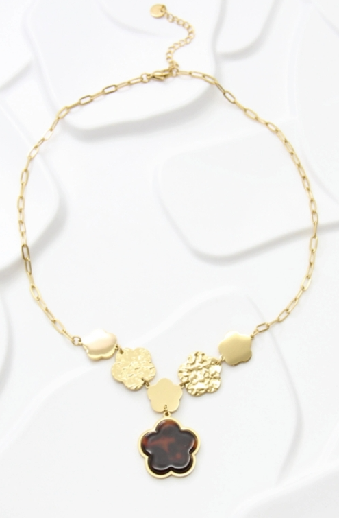 Collier Doré Fleur en Résine & Pastilles Martelées