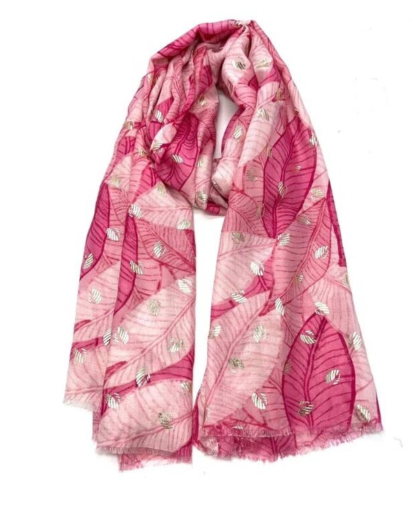 Foulard rose imprimé motif feuille avec dorure