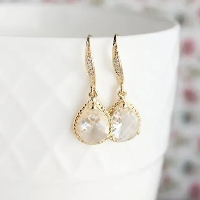 Clear Glass Earrings - Jewel Ear Wire - Rope Setting