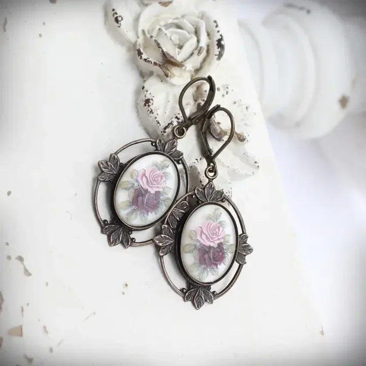 Large Frosted Floral Cameo Earrings in Vintage Style