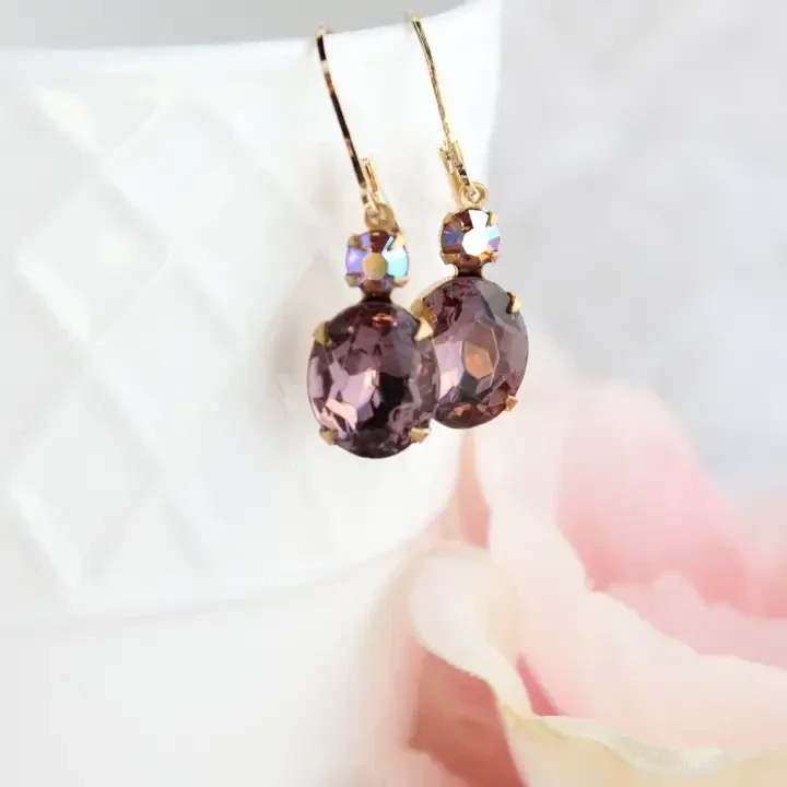 Oval Drop Earrings - Vintage Glass - Amethyst