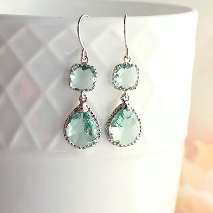 Aqua Erinite Glass Dangle Earrings - Two Jewel Teardrop