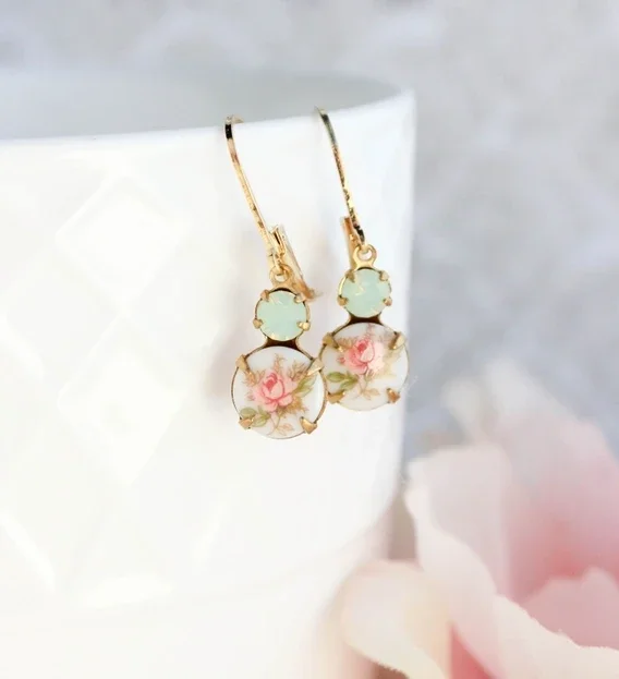 Small Drop Earrings - Vintage Glass - Pink Rose and Mint