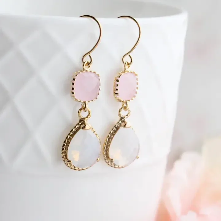 Opal and Pink Glass Dangle Earrings