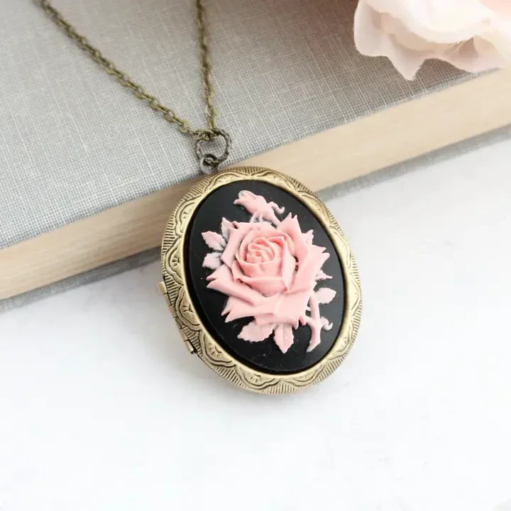 Big Cameo Locket Necklace - Pink and Black