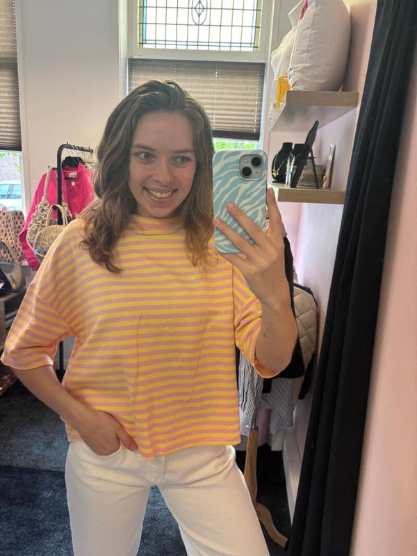Geel roze streep shirt