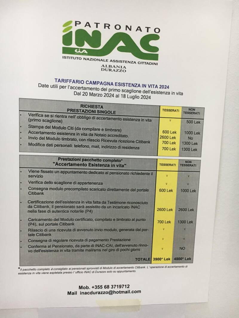 Tariffario illecito della Inac di Durazzo