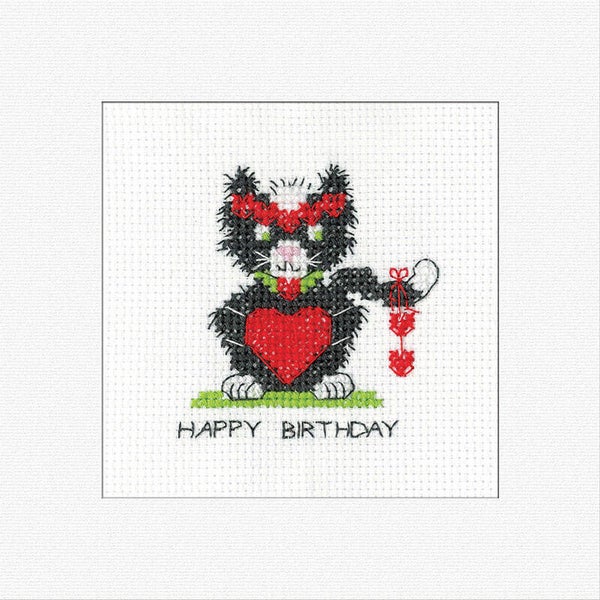 Borduurpakket - Birthday Card - Black Cat - Heart