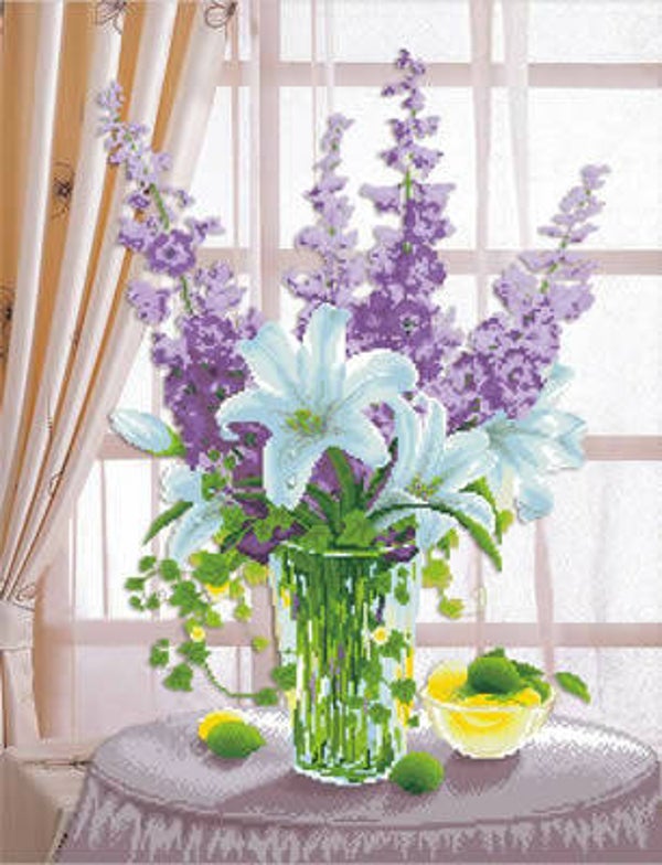 Voorbedrukt Borduurpakket - Lillies & Hollyhocks