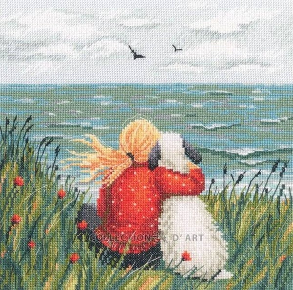 Borduurpakket - Girl and Dog by the Sea