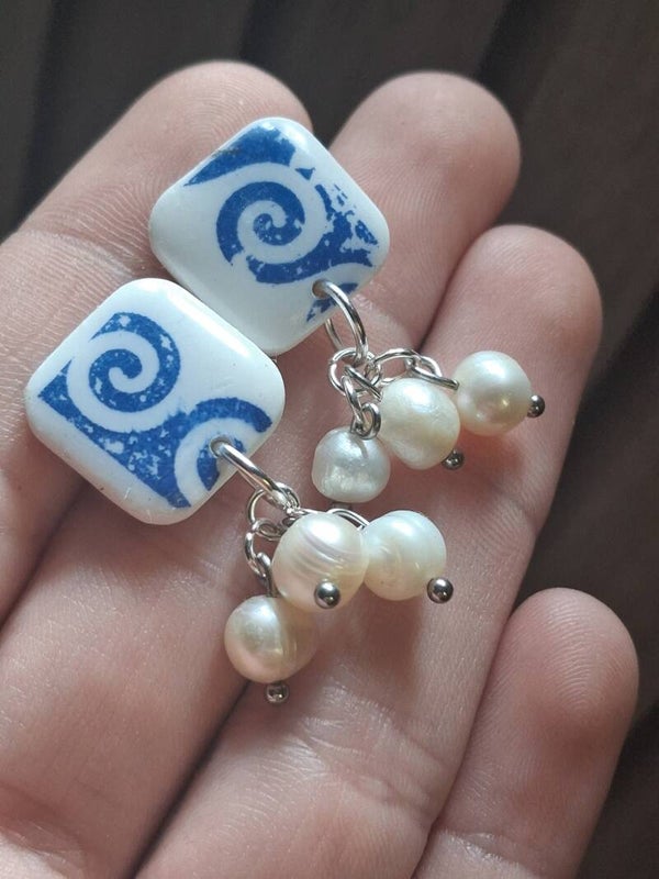 Blue & white tile studs genuine pearls