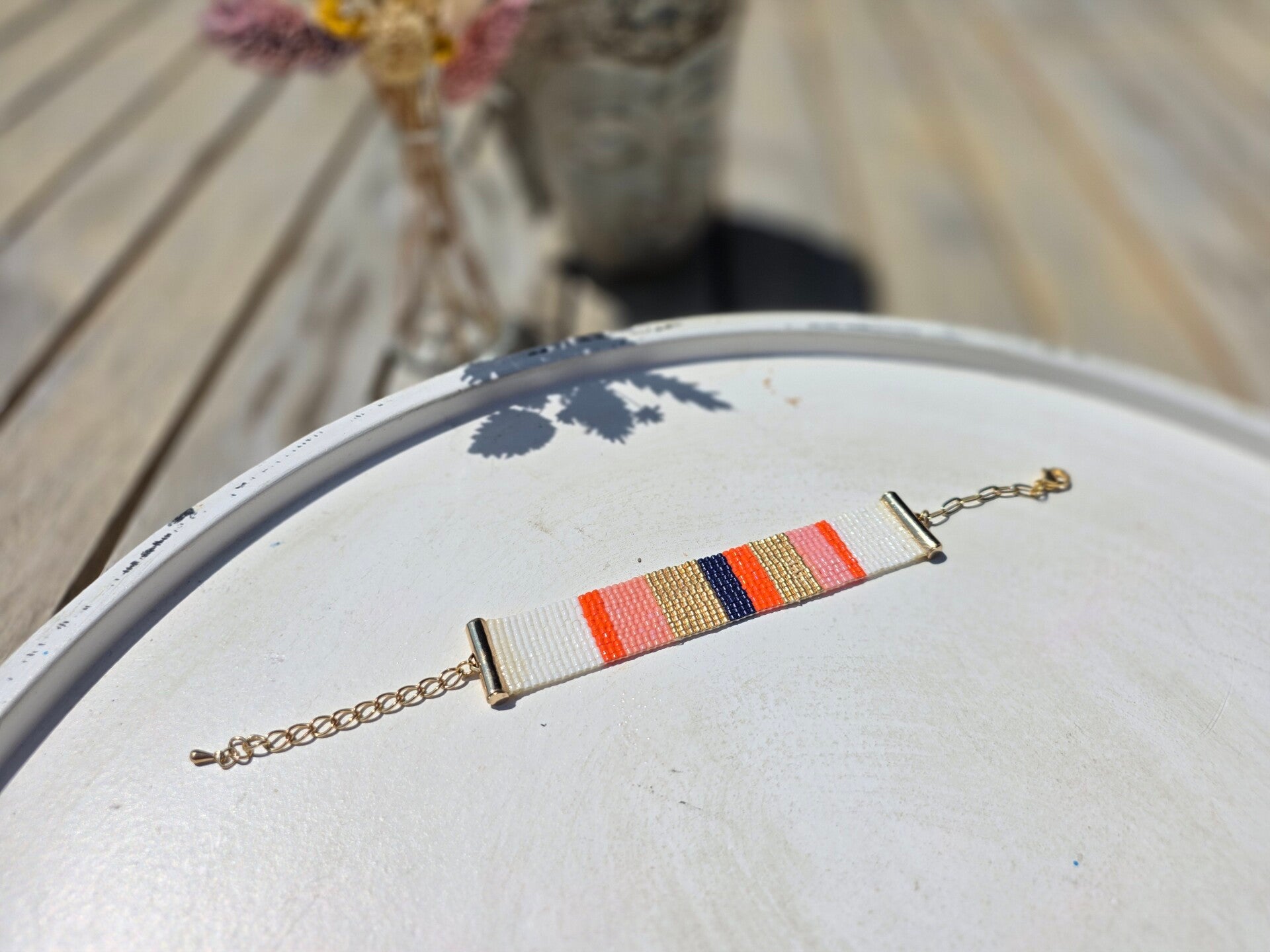 geweven armband met miyukikralen (14 rijen) en gouden verlengketting