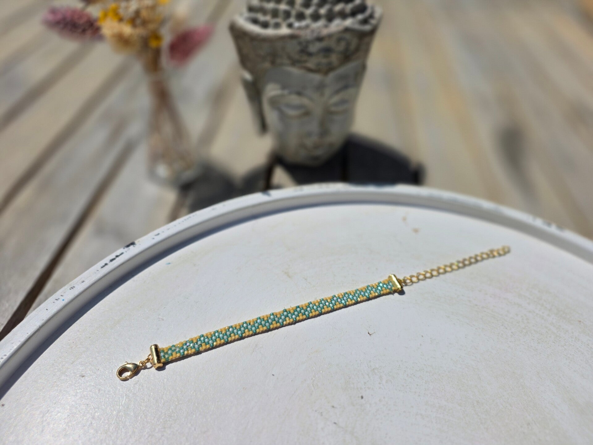 geweven armband met miyukikralen (5 rijen) en gouden verlengketting
