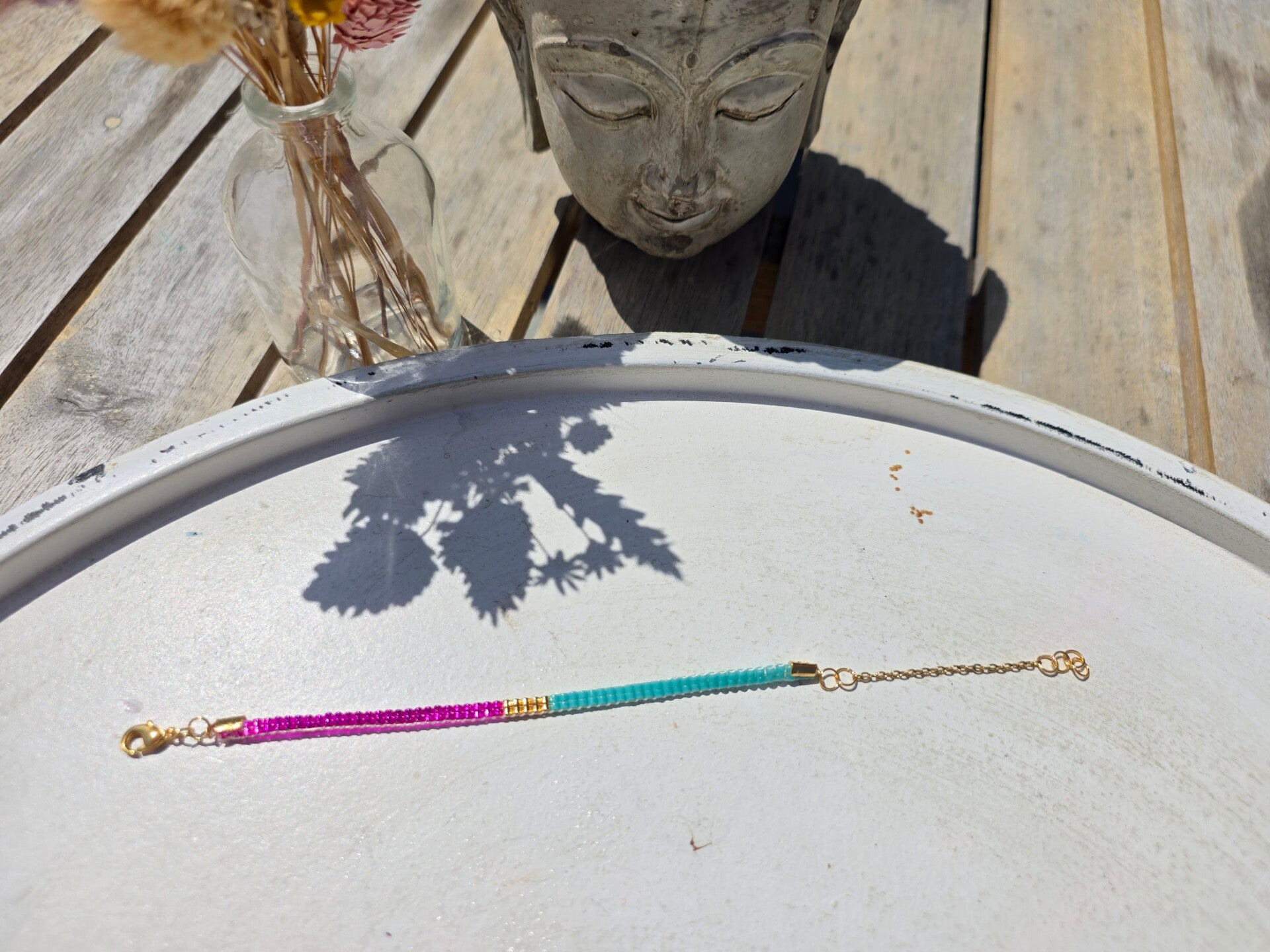 geweven armband met miyukikralen (2 rijen) en gouden verlengketting