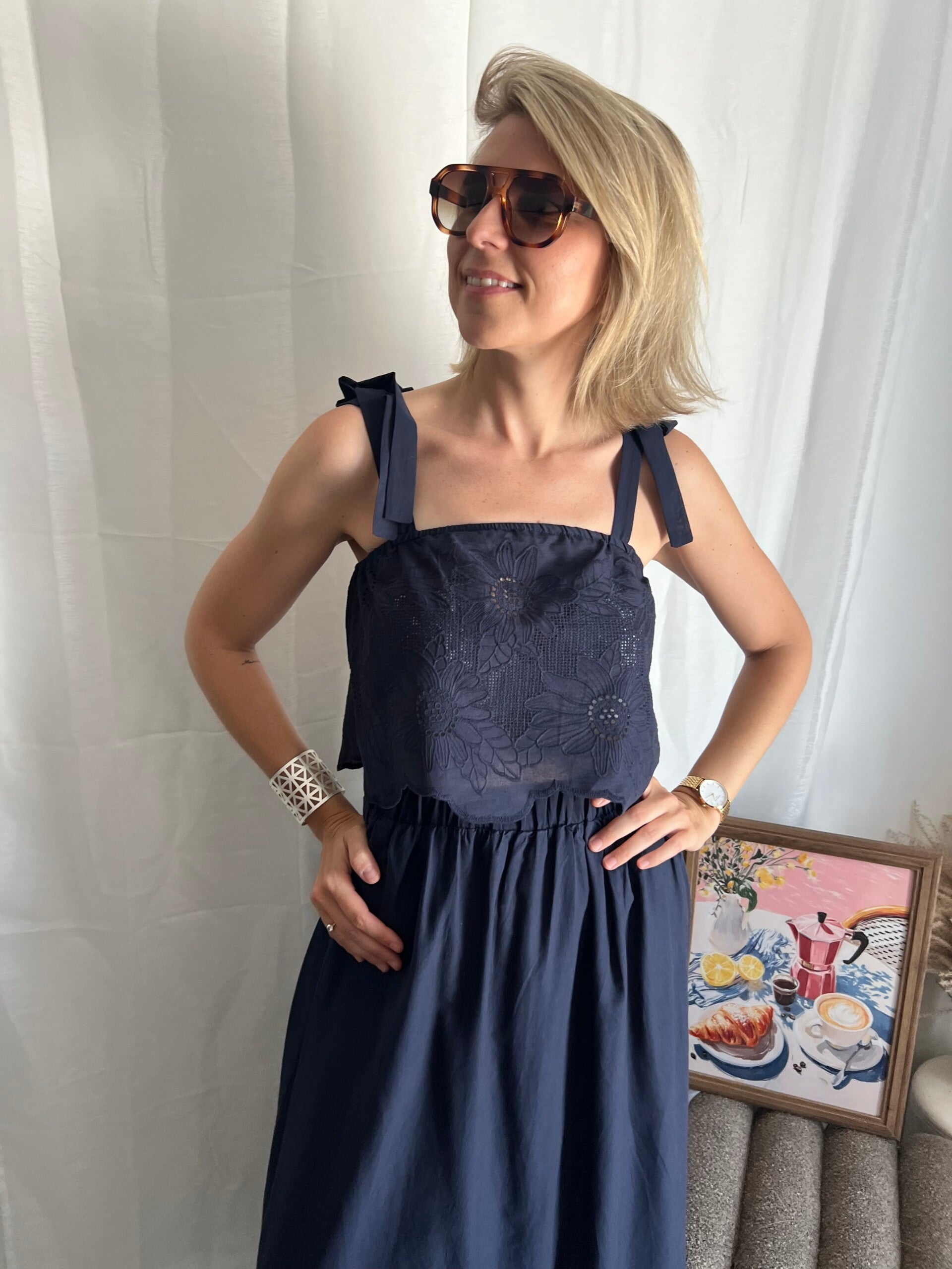 Lily - Navy Broderie Top