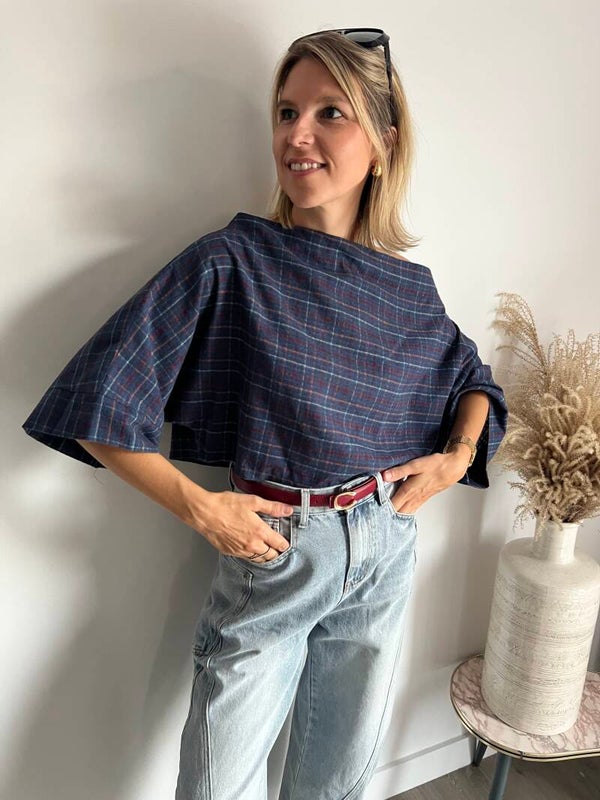 Célis - Navy Carreaux Blouse
