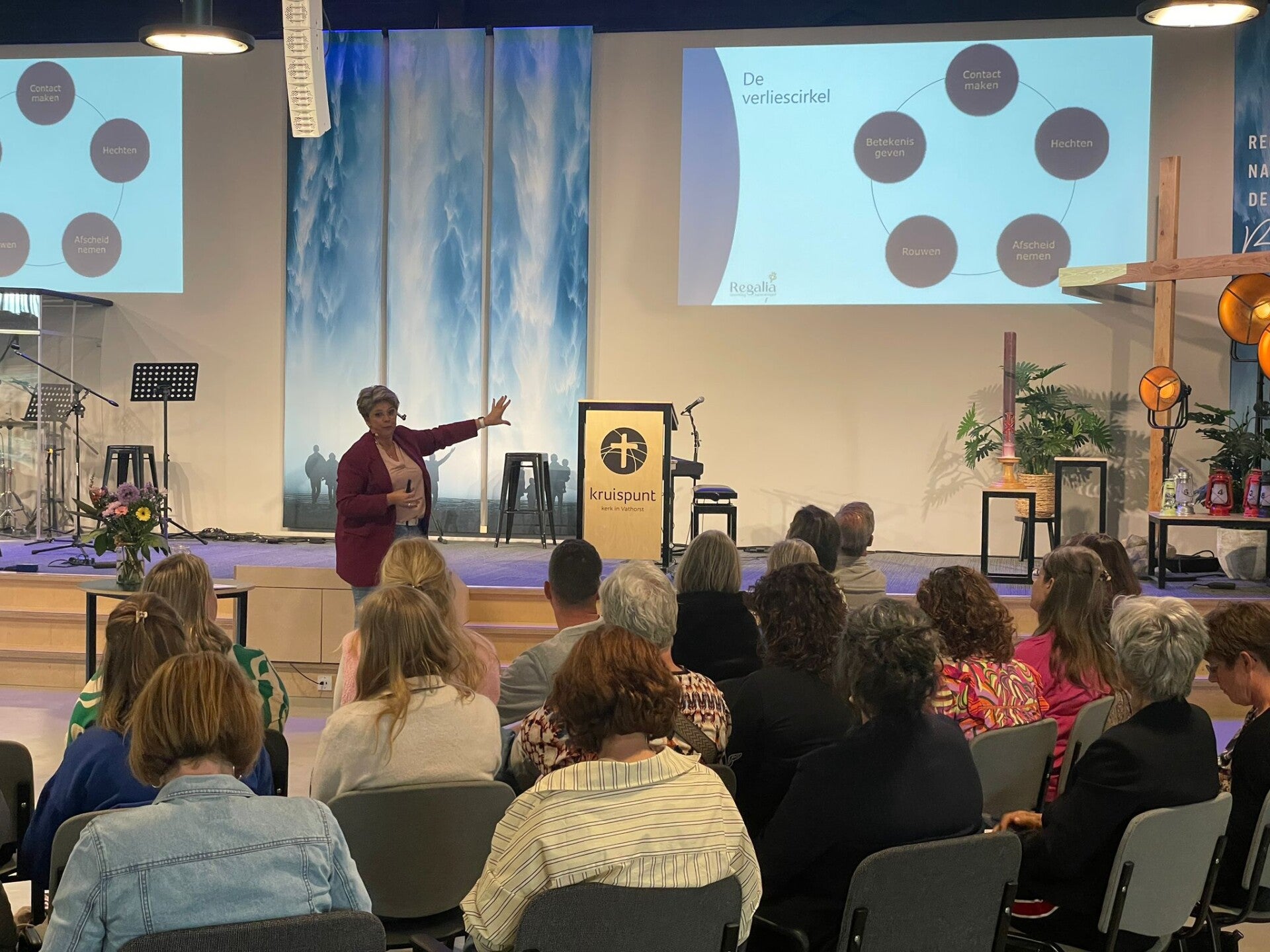 Vrouw geeft presentatie over verliescircel met diagram op groot scherm