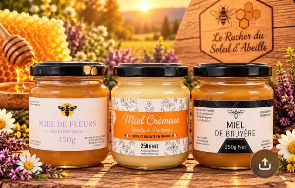 Trio découverte de miels – Fleurs, Crémeux et Bruyère – 3 × 250 g