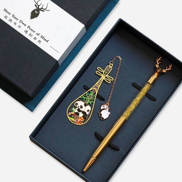 Chinese Heritage Business Gift Set – Panda & Pipa Bookmark with Gold Pen