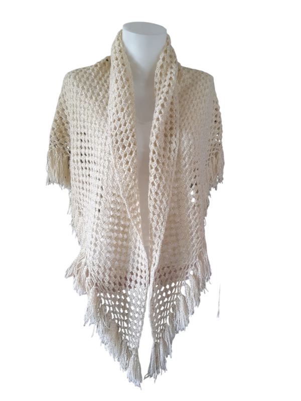 Châle avec franges - crocheté  main beige et doré