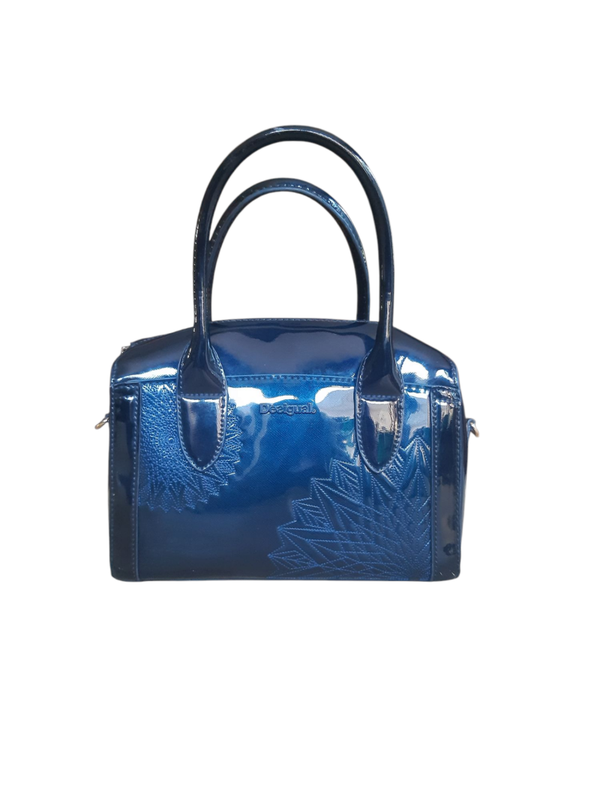 Sac à main verni de couleur bleu nuit - mandalas gravé - bandoulière amovible