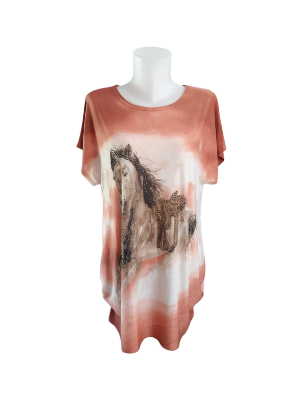 Robe fluide et courte - rose avec grand motif cheval orné de strass - Manches courtes