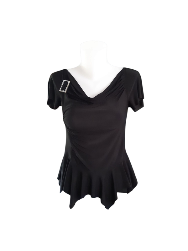 Blouse asymétrique noire à volants - Manches courtes - Fabrication française
