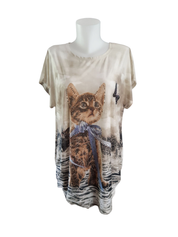 Robe fluide courte - beige avec grand motif chat - strass - Manches courtes