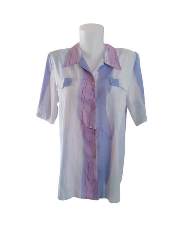 Chemise pastel avec épaulettes - Blanc, bleu & rose - Manche courte & coupe droite - Vintage