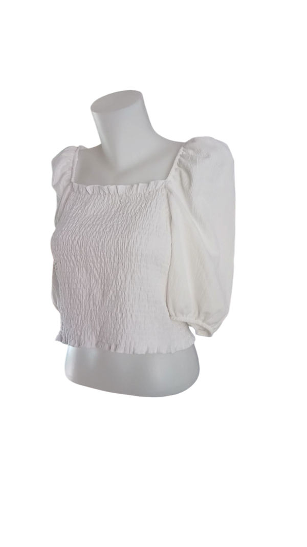 Blouse blanche smokée - Manche 3/4 bouffante - Élégance intemporelle