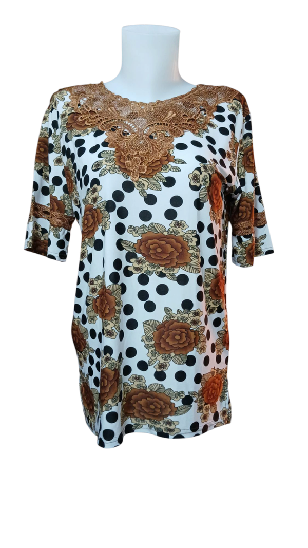 Blouse  Vintage avec détails en dentelle - blanche - fleurs de pois