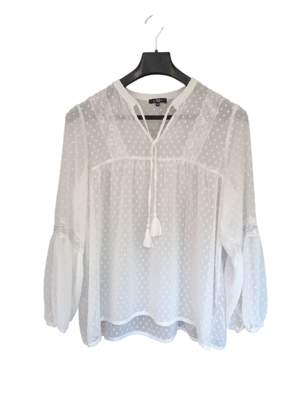 Blouse transparente motifs plumetis avec coron manche longue,
