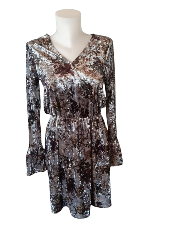 Robe longue manches – Grise à motifs floraux