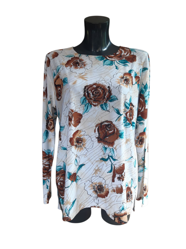 Blouse blanche à fleurs brunes - Vintage