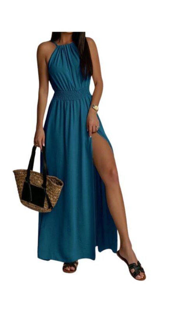 Robe longue bleu canard avec fente et taille élastiquée – Élégance et confort décontracté