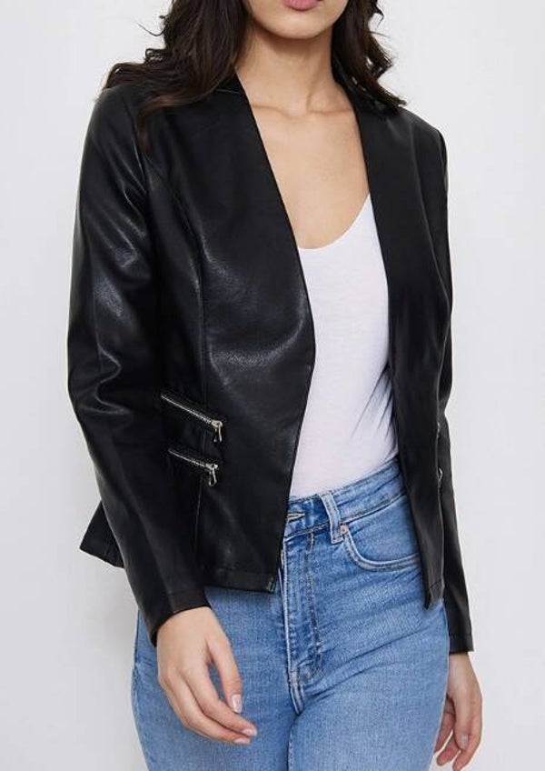 Veste ouverte en similicuir de couleur noir