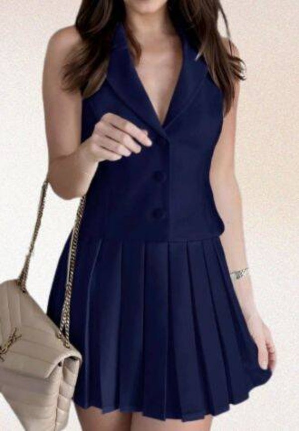 Ensemble chic blazer sans manches avec jupe plissée - Taille unique
