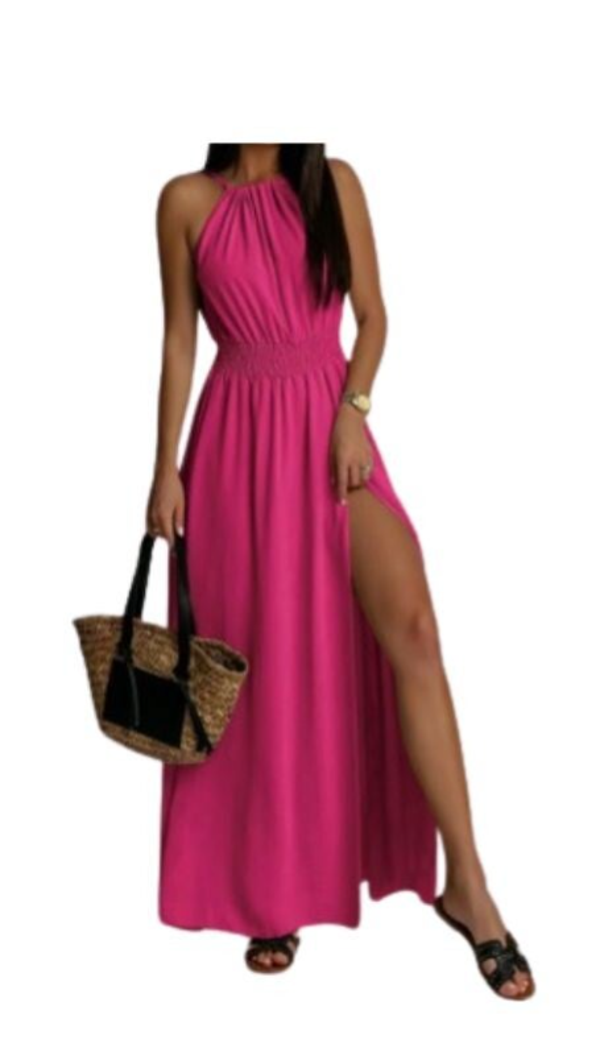 Robe longue fushia avec fente et taille Élastiquée – Élégance et confort décontracté