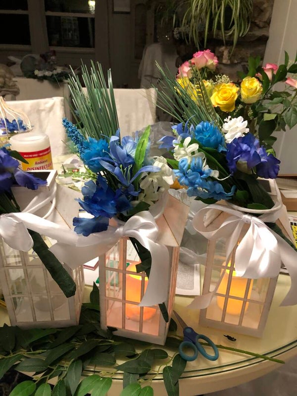 Set of 10~ White Solar Lanterns, Candles, White Ribbon & Flower Arrangement