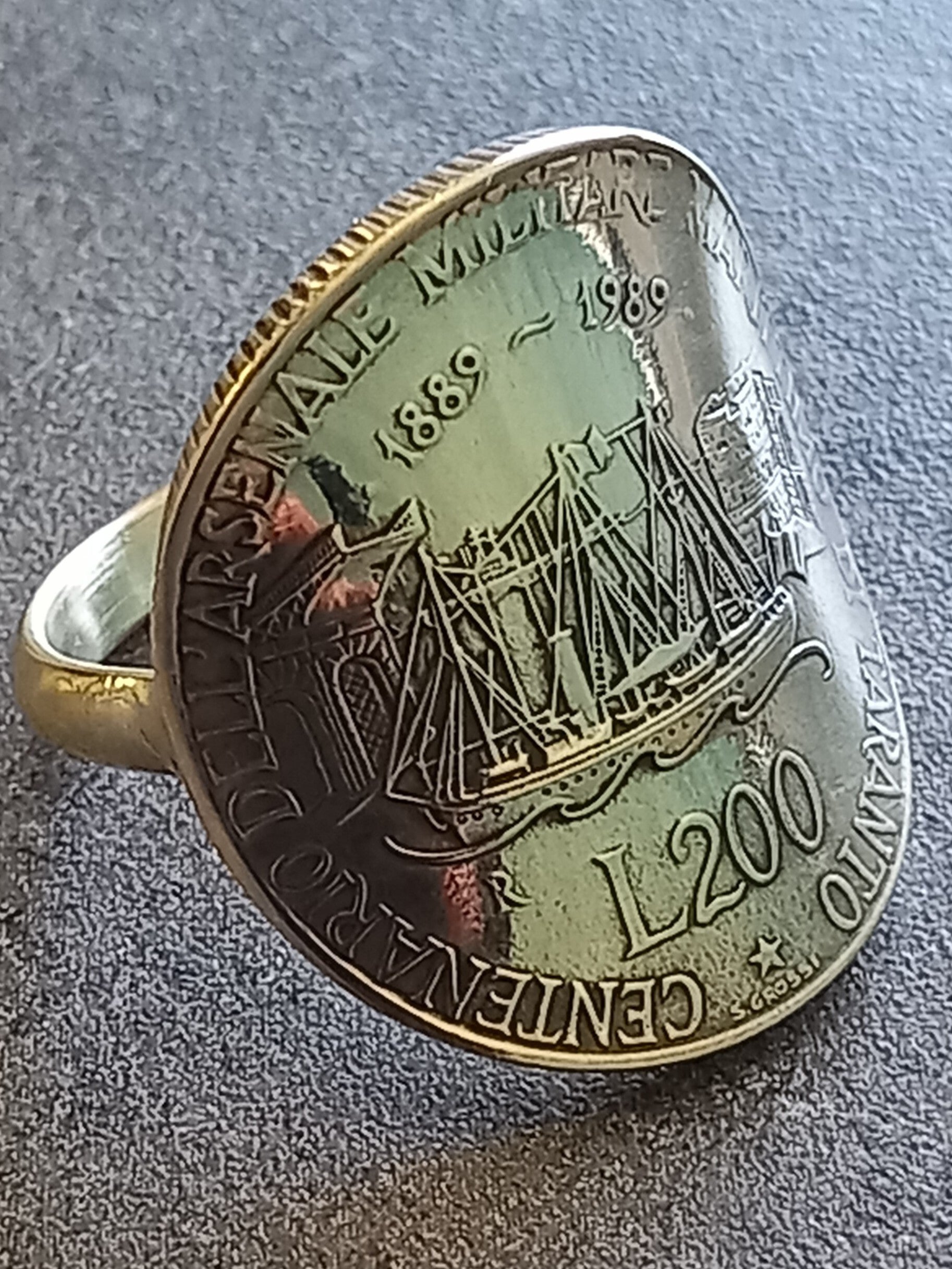 Bague pièce de monnaie 200 lires commémoration Italie