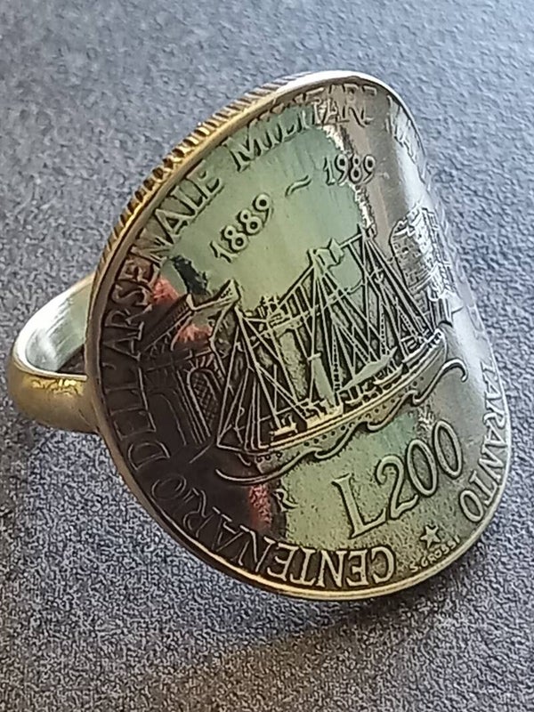 Bague pièce de monnaie 200 lires commémoration Italie