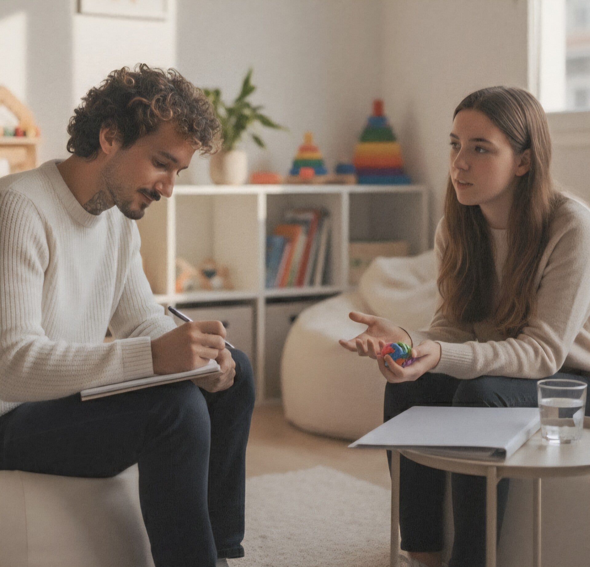 Entretien individuel entre le psychopraticien et un adulte dans un cadre chaleureux, illustrant un accompagnement personnalisé en thérapie cognitivo-comportementale