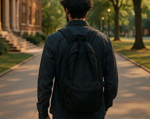 Jeune homme de dos marchant sur un campus, symbolisant mon parcours et mes débuts.
