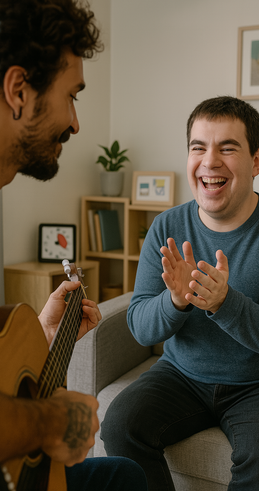 Accompagnement éducatif tsa : Pairing, séance d'échange musical entre le praticien et un jeune adulte autiste, moment de joie et de développement des interactions sociales.