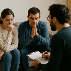 Séance de guidance parentale : un couple échange avec le psychopraticien sprécialisé en TSA/TDAH pour trouver des solutions adaptéées.