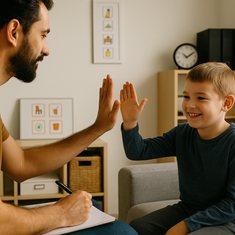 Séance de coaching éducatif : Psychopraticien en TCC fait un high five avec un enfant, renforcçant la motivation et la confiance