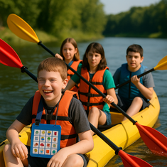 Enfants neuroatypiques participant à une sortie en canoë lors d'un séjour inclusif, avec supports visuels adaptés pour favoriser l'autonomie