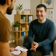 Entretien individuel entre le psychopraticien et un adulte dans un cadre chaleureux, illustrant un accompagnement personnalisé en thérapie cognitivo-comportementale